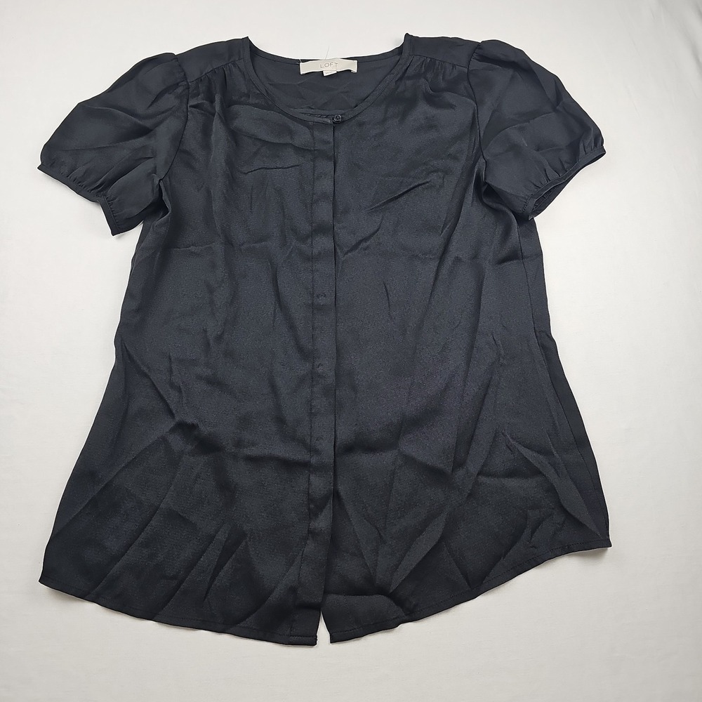 LOFT Women's Small Black Short Sleeve Crew Neck Chiffon Blouse Top